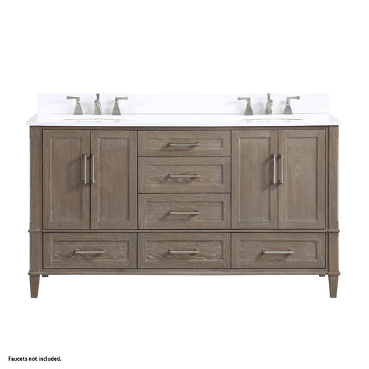 Bemma Design Montauk 60" Age Light Oak Solid Wood Freestanding Bathroom Vanity With Double 3-Hole White Quartz Vanity Top, Oval Undermount Sink, and Backsplash