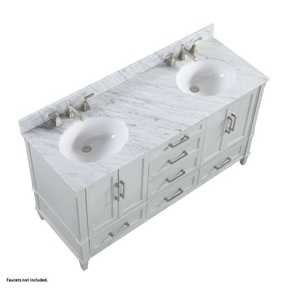 Bemma Design Montauk 60" Morning Fog Gray Solid Wood Freestanding Bathroom Vanity With Double 3-Hole Italian Carra Marble Vanity Top, Oval Undermount Sink, and Backsplash