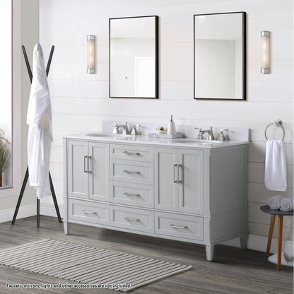 Bemma Design Montauk 60" Morning Fog Gray Solid Wood Freestanding Bathroom Vanity With Double 3-Hole White Quartz Vanity Top, Oval Undermount Sink, and Backsplash