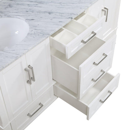 Bemma Design Montauk 60" Pure White Solid Wood Freestanding Bathroom Vanity With Double 3-Hole Italian Carra Marble Vanity Top, Oval Undermount Sink, and Backsplash