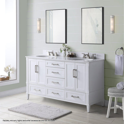 Bemma Design Montauk 60" Pure White Solid Wood Freestanding Bathroom Vanity With Double 3-Hole White Quartz Vanity Top, Oval Undermount Sink, and Backsplash
