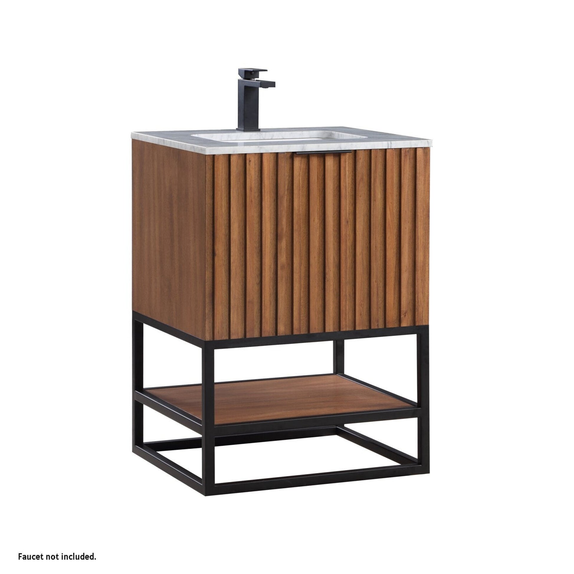 Bemma Design Terra 24" Walnut Solid Wood Freestanding Bathroom Vanity With Single 1-Hole Italian Carra Marble Vanity Top, Rectangle Undermount Sink and Matte Black Trim