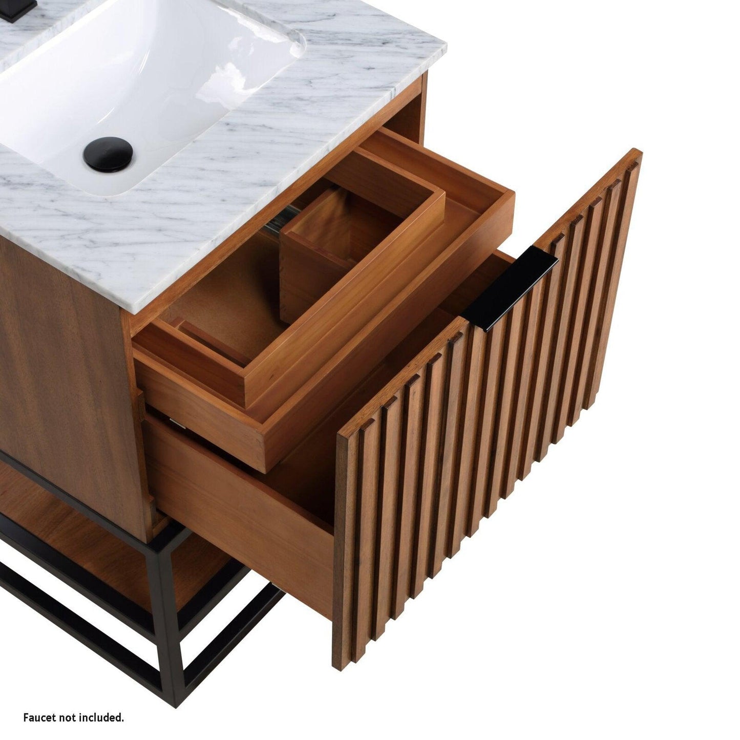 Bemma Design Terra 24" Walnut Solid Wood Freestanding Bathroom Vanity With Single 1-Hole Italian Carra Marble Vanity Top, Rectangle Undermount Sink and Matte Black Trim