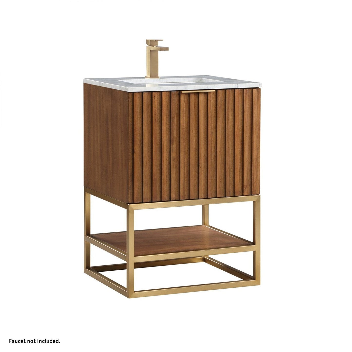 Bemma Design Terra 24" Walnut Solid Wood Freestanding Bathroom Vanity With Single 1-Hole Italian Carra Marble Vanity Top, Rectangle Undermount Sink and Satin Brass Trim