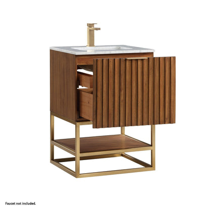 Bemma Design Terra 24" Walnut Solid Wood Freestanding Bathroom Vanity With Single 1-Hole Italian Carra Marble Vanity Top, Rectangle Undermount Sink and Satin Brass Trim