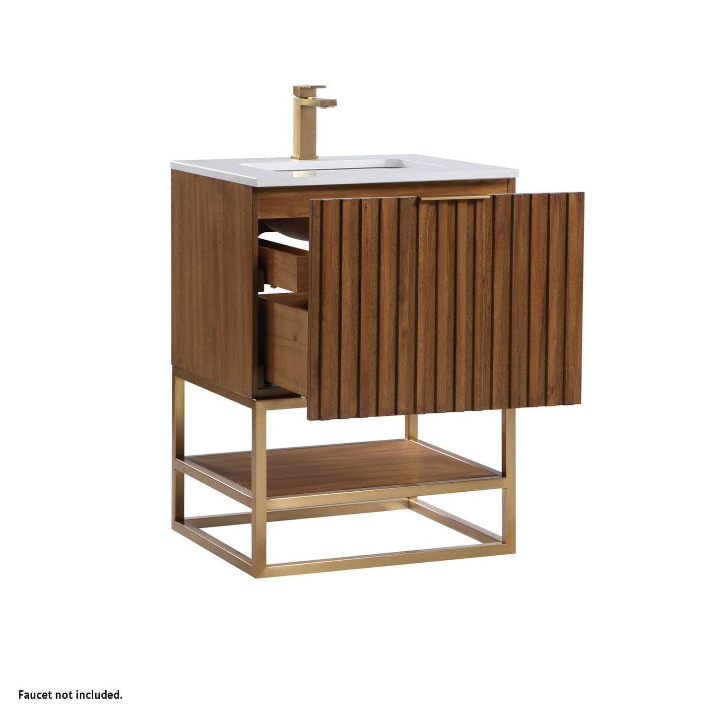 Bemma Design Terra 24" Walnut Solid Wood Freestanding Bathroom Vanity With Single 1-Hole White Quartz Vanity Top, Rectangle Undermount Sink and Brushed Nickel Trim
