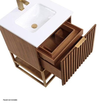 Bemma Design Terra 24" Walnut Solid Wood Freestanding Bathroom Vanity With Single 1-Hole White Quartz Vanity Top, Rectangle Undermount Sink and Brushed Nickel Trim