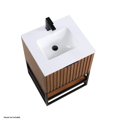 Bemma Design Terra 24" Walnut Solid Wood Freestanding Bathroom Vanity With Single 1-Hole White Quartz Vanity Top, Rectangle Undermount Sink and Matte Black Trim