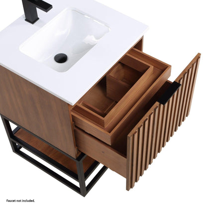 Bemma Design Terra 24" Walnut Solid Wood Freestanding Bathroom Vanity With Single 1-Hole White Quartz Vanity Top, Rectangle Undermount Sink and Matte Black Trim