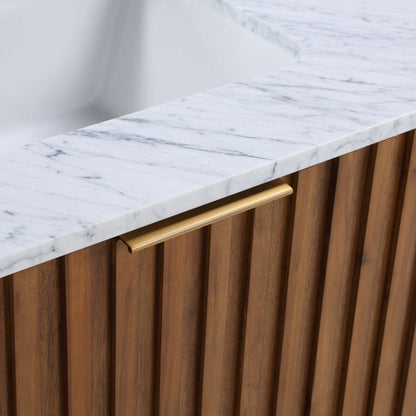 Bemma Design Terra 24" Walnut Solid Wood Wall-Mounted Bathroom Vanity With Single 1-Hole Italian Carra Marble Vanity Top, Rectangle Undermount Sink and Brushed Nickel Trim
