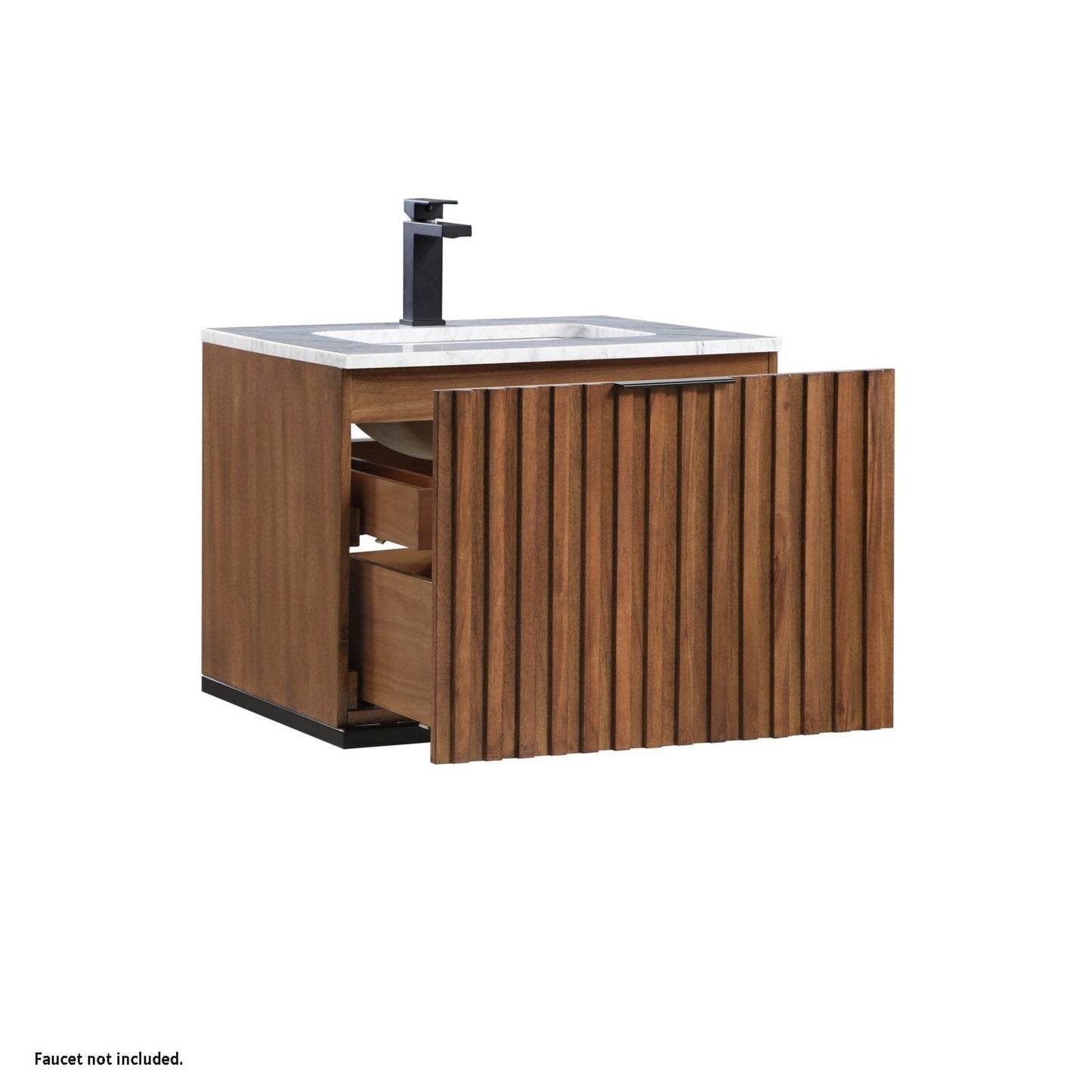 Bemma Design Terra 24" Walnut Solid Wood Wall-Mounted Bathroom Vanity With Single 1-Hole Italian Carra Marble Vanity Top, Rectangle Undermount Sink and Matte Black Trim