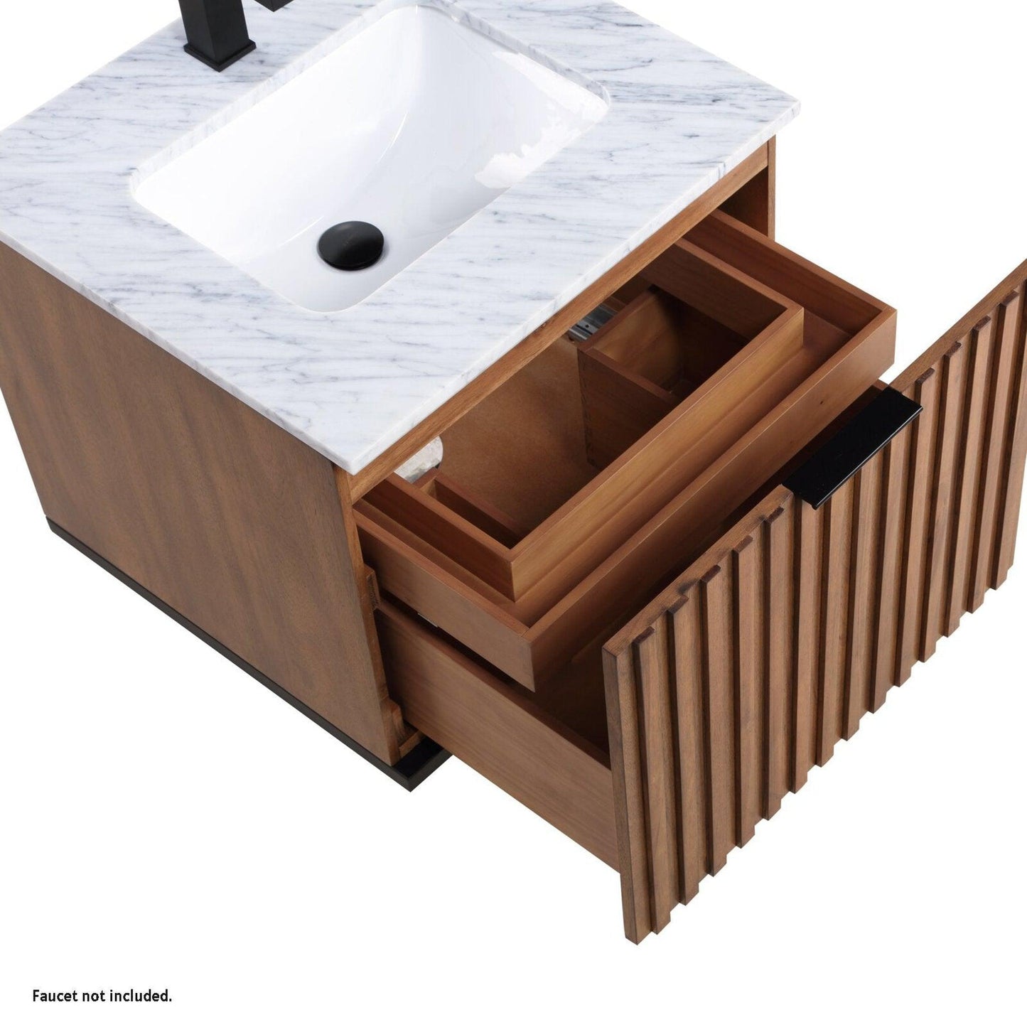 Bemma Design Terra 24" Walnut Solid Wood Wall-Mounted Bathroom Vanity With Single 1-Hole Italian Carra Marble Vanity Top, Rectangle Undermount Sink and Matte Black Trim