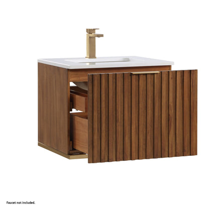 Bemma Design Terra 24" Walnut Solid Wood Wall-Mounted Bathroom Vanity With Single 1-Hole White Quartz Vanity Top, Rectangle Undermount Sink and Brushed Nickel Trim