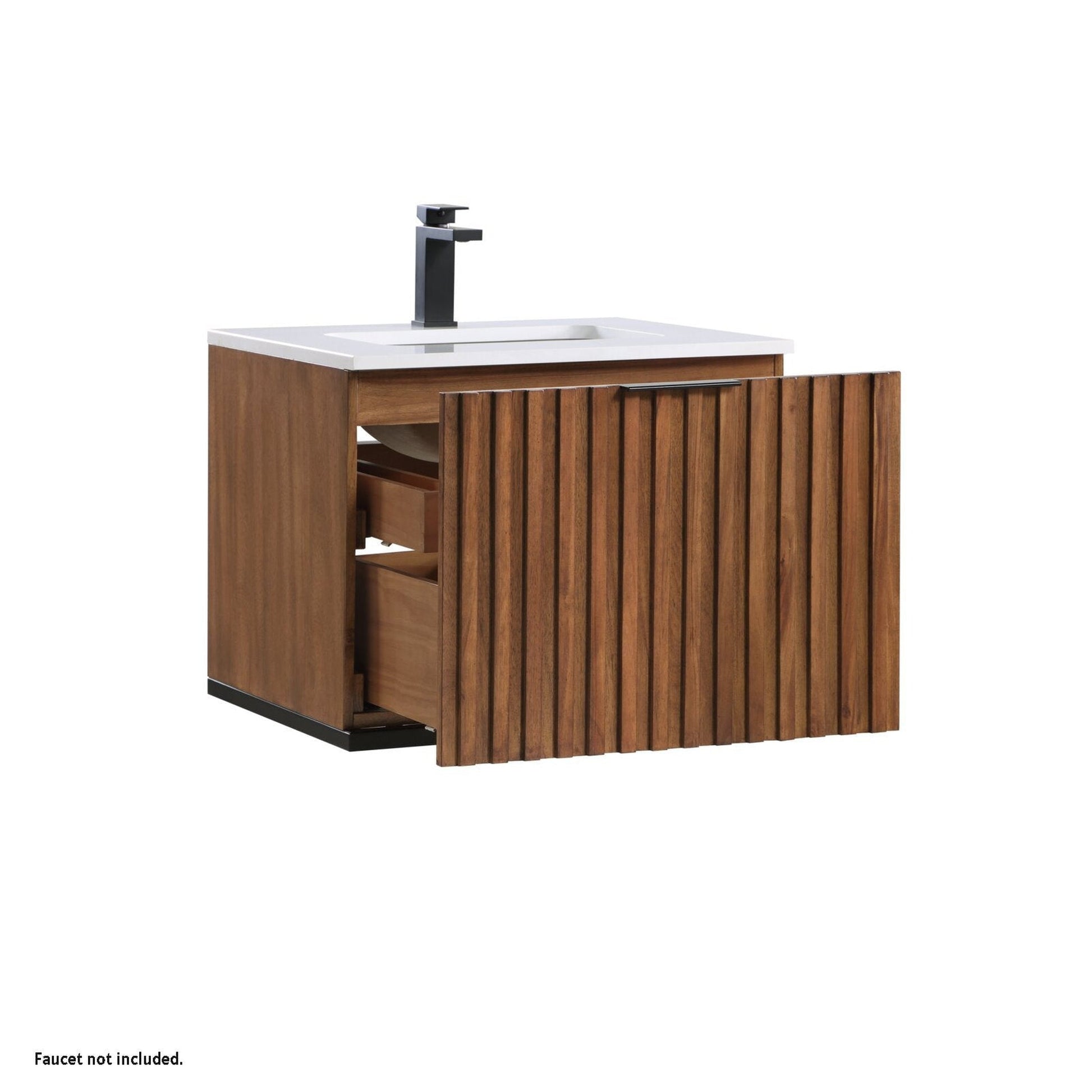 Bemma Design Terra 24" Walnut Solid Wood Wall-Mounted Bathroom Vanity With Single 1-Hole White Quartz Vanity Top, Rectangle Undermount Sink and Matte Black Trim