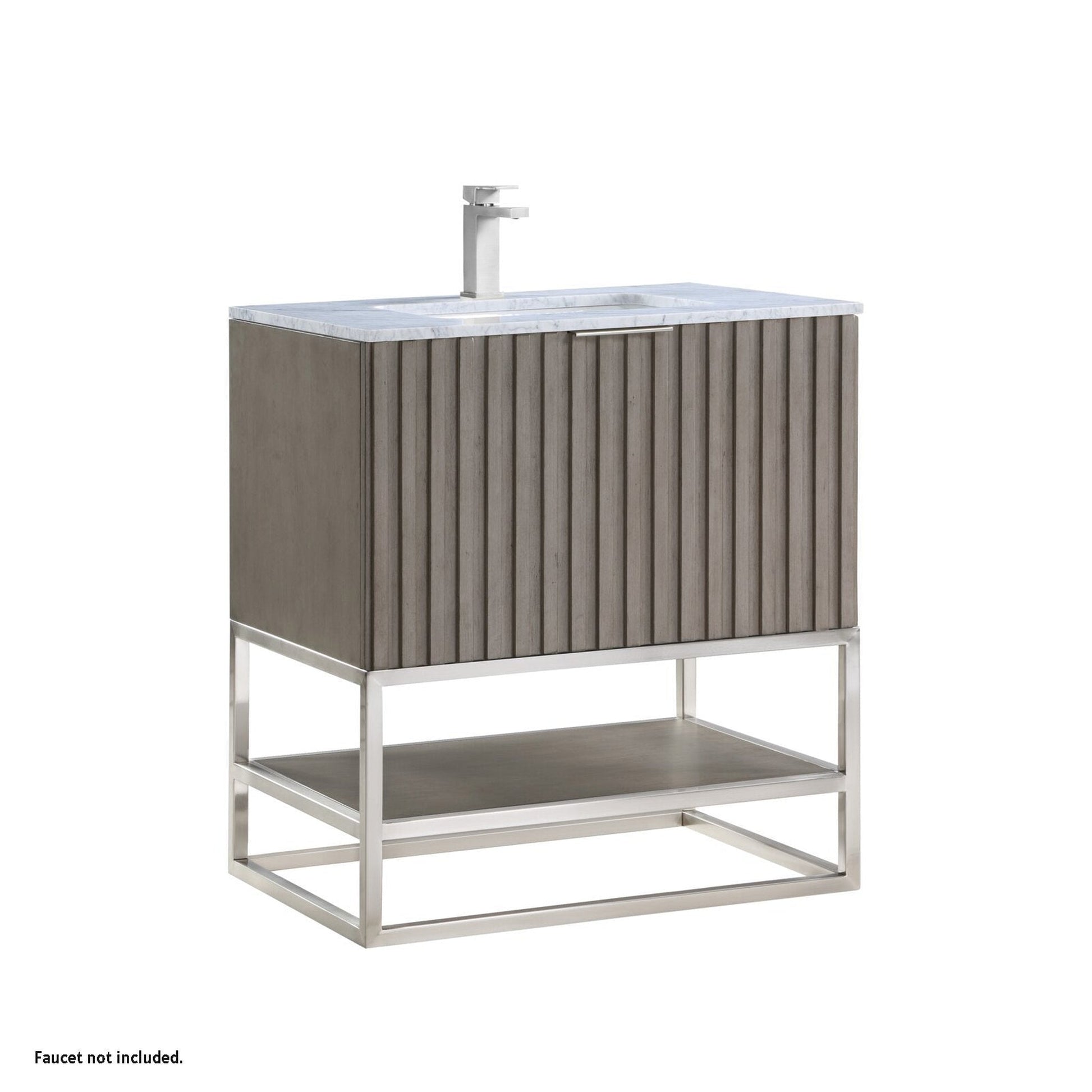 Bemma Design Terra 30" Graywash Solid Wood Freestanding Bathroom Vanity With Single 1-Hole Italian Carra Marble Vanity Top, Rectangle Undermount Sink and Brushed Nickel Trim