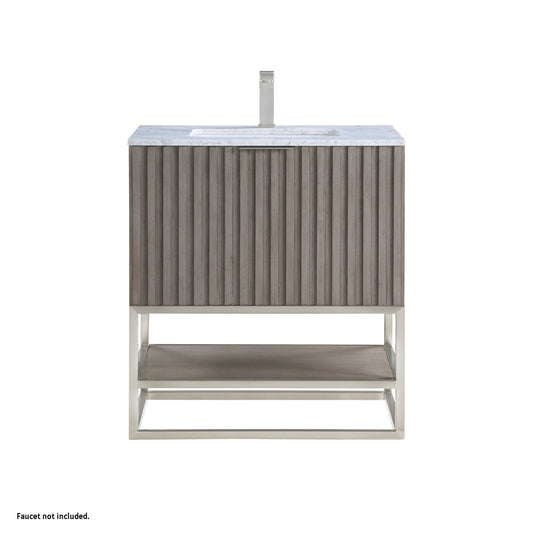 Bemma Design Terra 30" Graywash Solid Wood Freestanding Bathroom Vanity With Single 1-Hole Italian Carra Marble Vanity Top, Rectangle Undermount Sink and Brushed Nickel Trim
