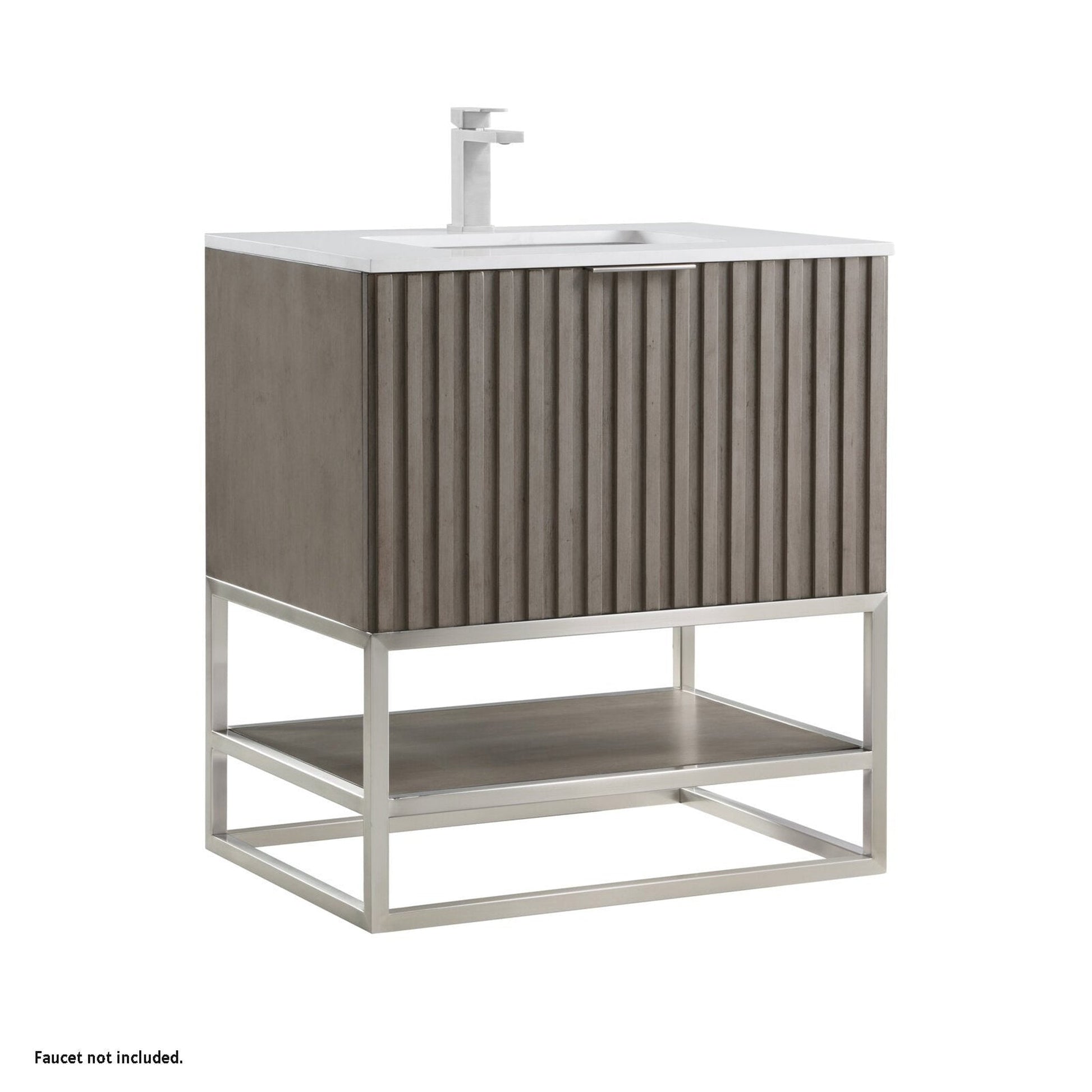 Bemma Design Terra 30" Graywash Solid Wood Freestanding Bathroom Vanity With Single 1-Hole White Quartz Vanity Top, Rectangle Undermount Sink and Brushed Nickel Trim