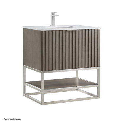 Bemma Design Terra 30" Graywash Solid Wood Freestanding Bathroom Vanity With Single 1-Hole White Quartz Vanity Top, Rectangle Undermount Sink and Brushed Nickel Trim