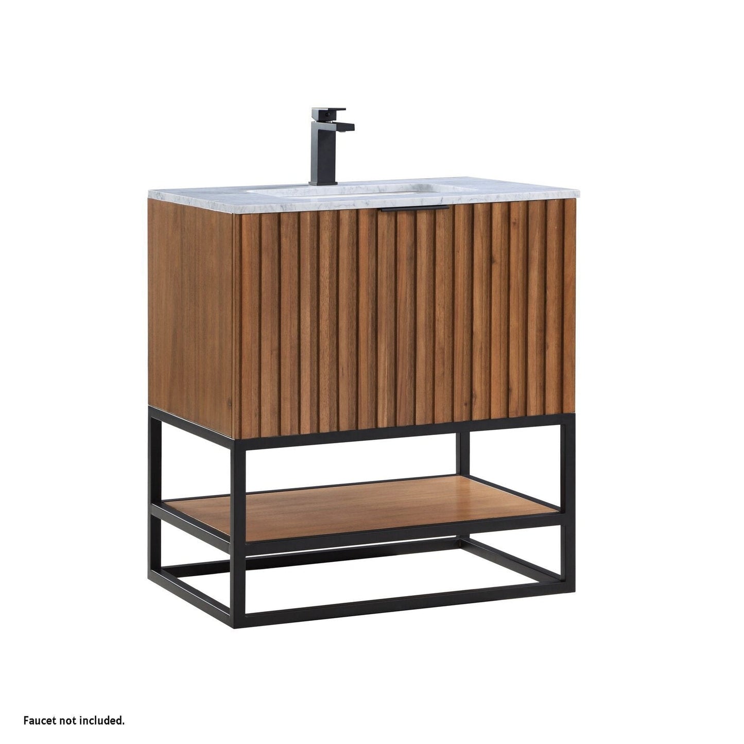 Bemma Design Terra 30" Walnut Solid Wood Freestanding Bathroom Vanity With Single 1-Hole Italian Carra Marble Vanity Top, Rectangle Undermount Sink and Matte Black Trim