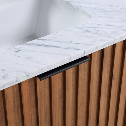 Bemma Design Terra 30" Walnut Solid Wood Freestanding Bathroom Vanity With Single 1-Hole Italian Carra Marble Vanity Top, Rectangle Undermount Sink and Matte Black Trim