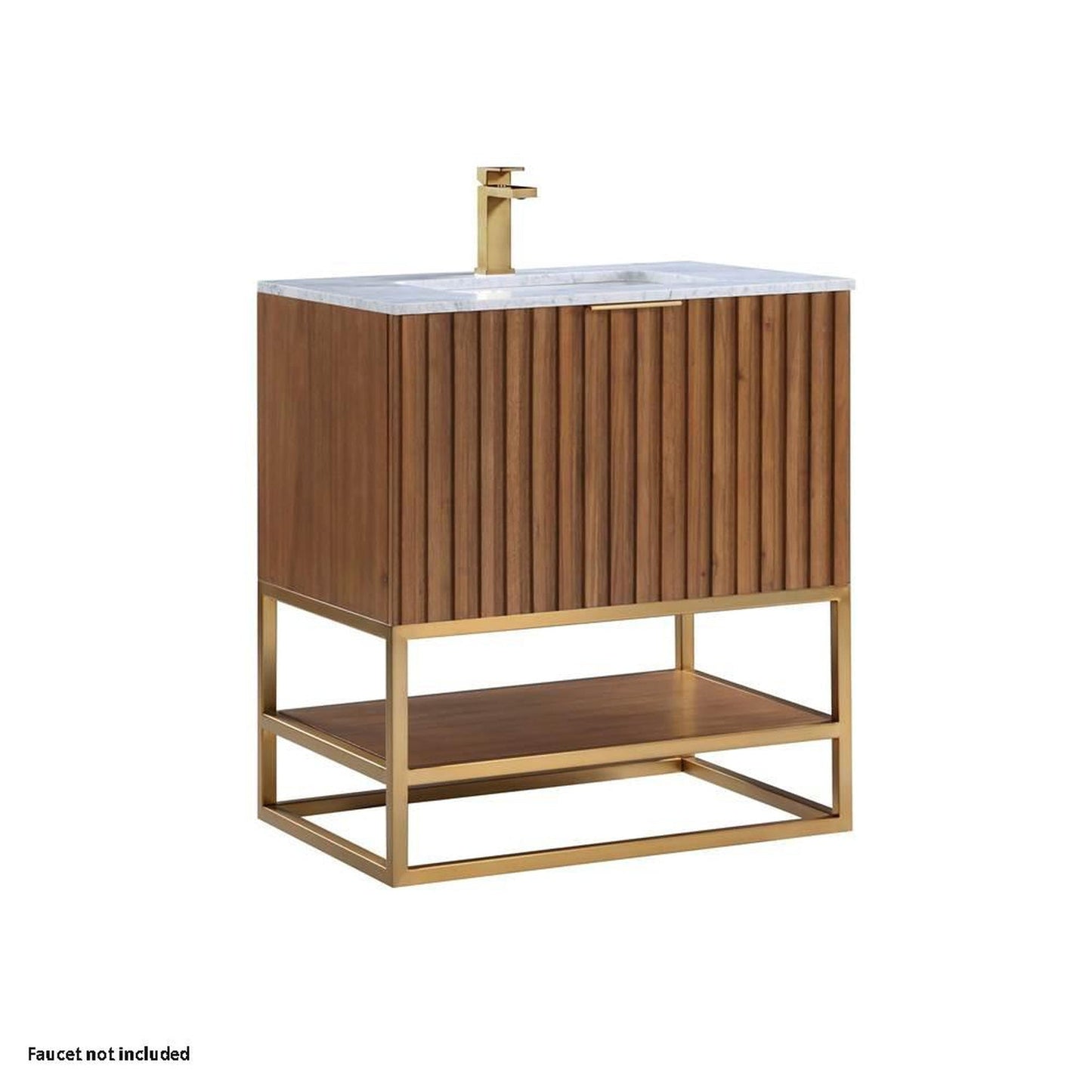 Bemma Design Terra 30" Walnut Solid Wood Freestanding Bathroom Vanity With Single 1-Hole Italian Carra Marble Vanity Top, Rectangle Undermount Sink and Satin Brass Trim