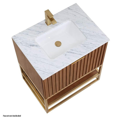 Bemma Design Terra 30" Walnut Solid Wood Freestanding Bathroom Vanity With Single 1-Hole Italian Carra Marble Vanity Top, Rectangle Undermount Sink and Satin Brass Trim