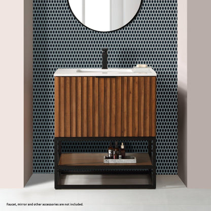 Bemma Design Terra 30" Walnut Solid Wood Freestanding Bathroom Vanity With Single 1-Hole White Quartz Vanity Top, Rectangle Undermount Sink and Matte Black Trim