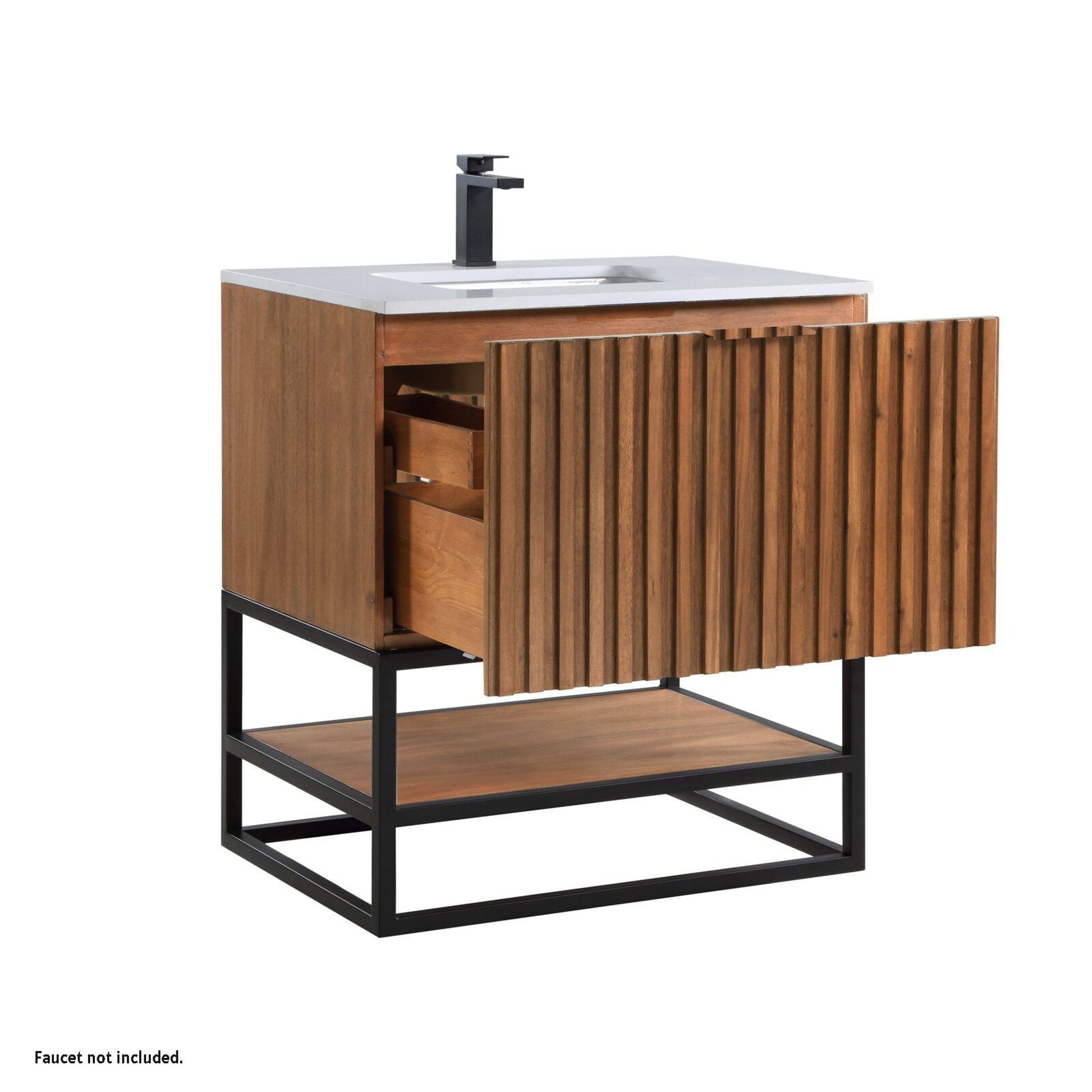 Bemma Design Terra 30" Walnut Solid Wood Freestanding Bathroom Vanity With Single 1-Hole White Quartz Vanity Top, Rectangle Undermount Sink and Matte Black Trim