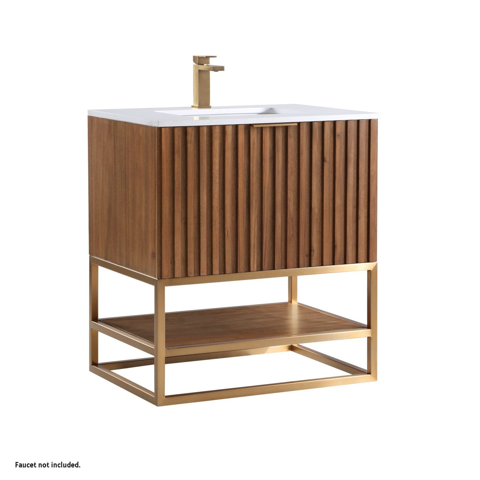 Bemma Design Terra 30" Walnut Solid Wood Freestanding Bathroom Vanity With Single 1-Hole White Quartz Vanity Top, Rectangle Undermount Sink and Satin Brass Trim