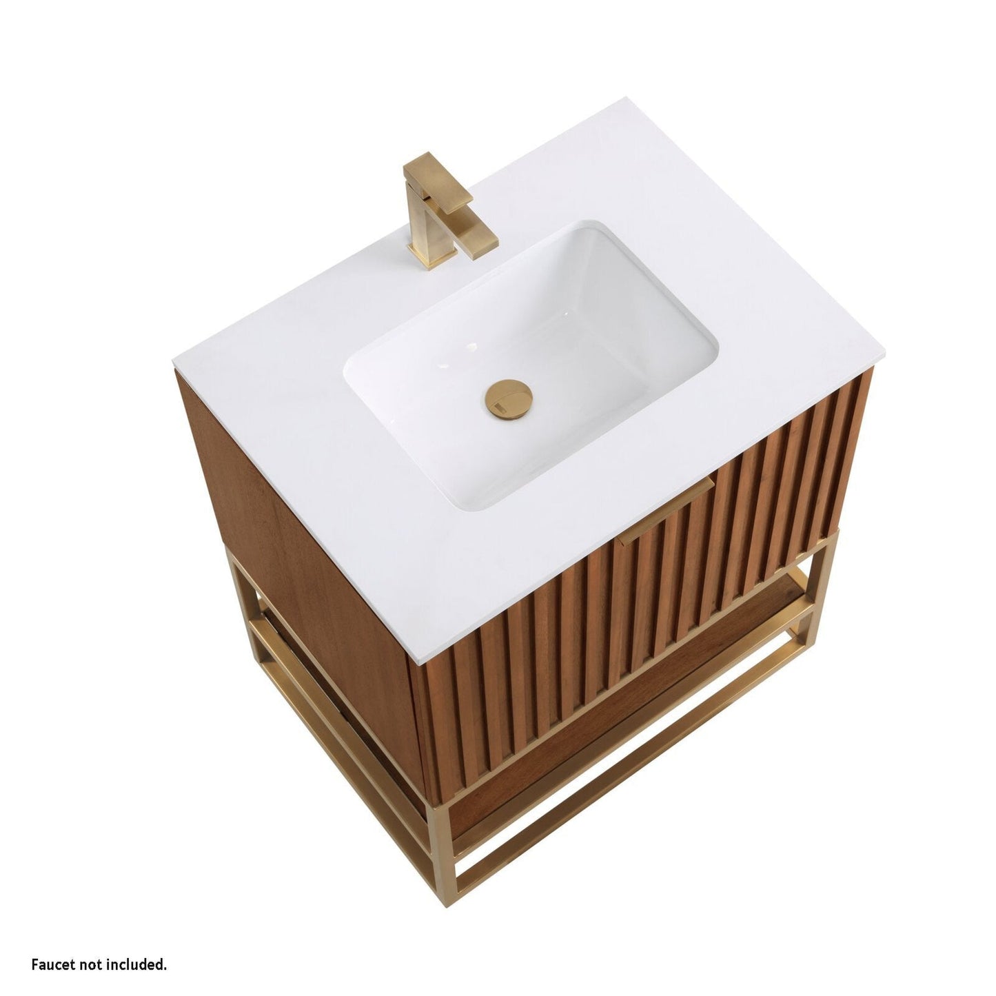 Bemma Design Terra 30" Walnut Solid Wood Freestanding Bathroom Vanity With Single 1-Hole White Quartz Vanity Top, Rectangle Undermount Sink and Satin Brass Trim