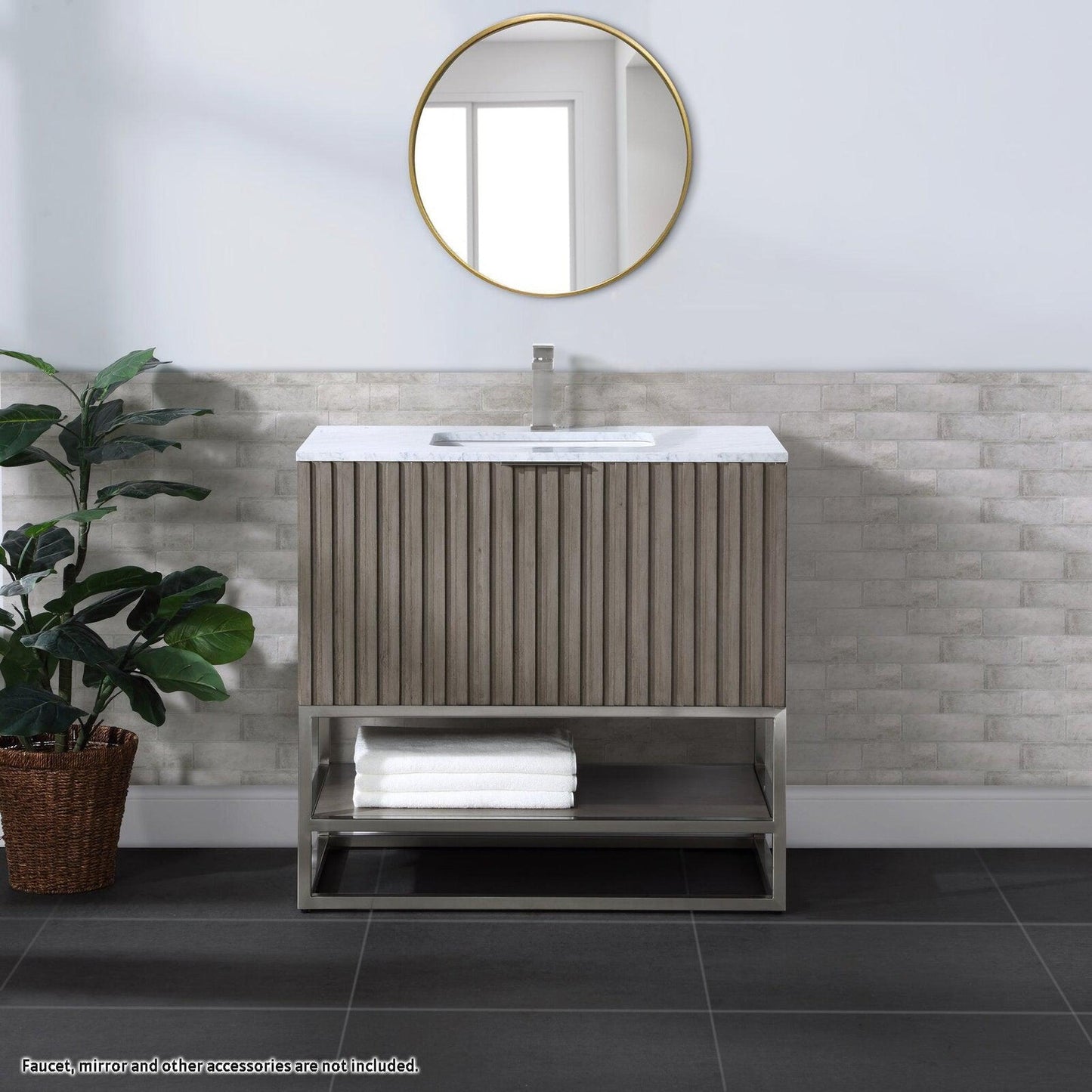 Bemma Design Terra 36" Graywash Solid Wood Freestanding Bathroom Vanity With Single 1-Hole Italian Carra Marble Vanity Top, Rectangle Undermount Sink and Brushed Nickel Trim
