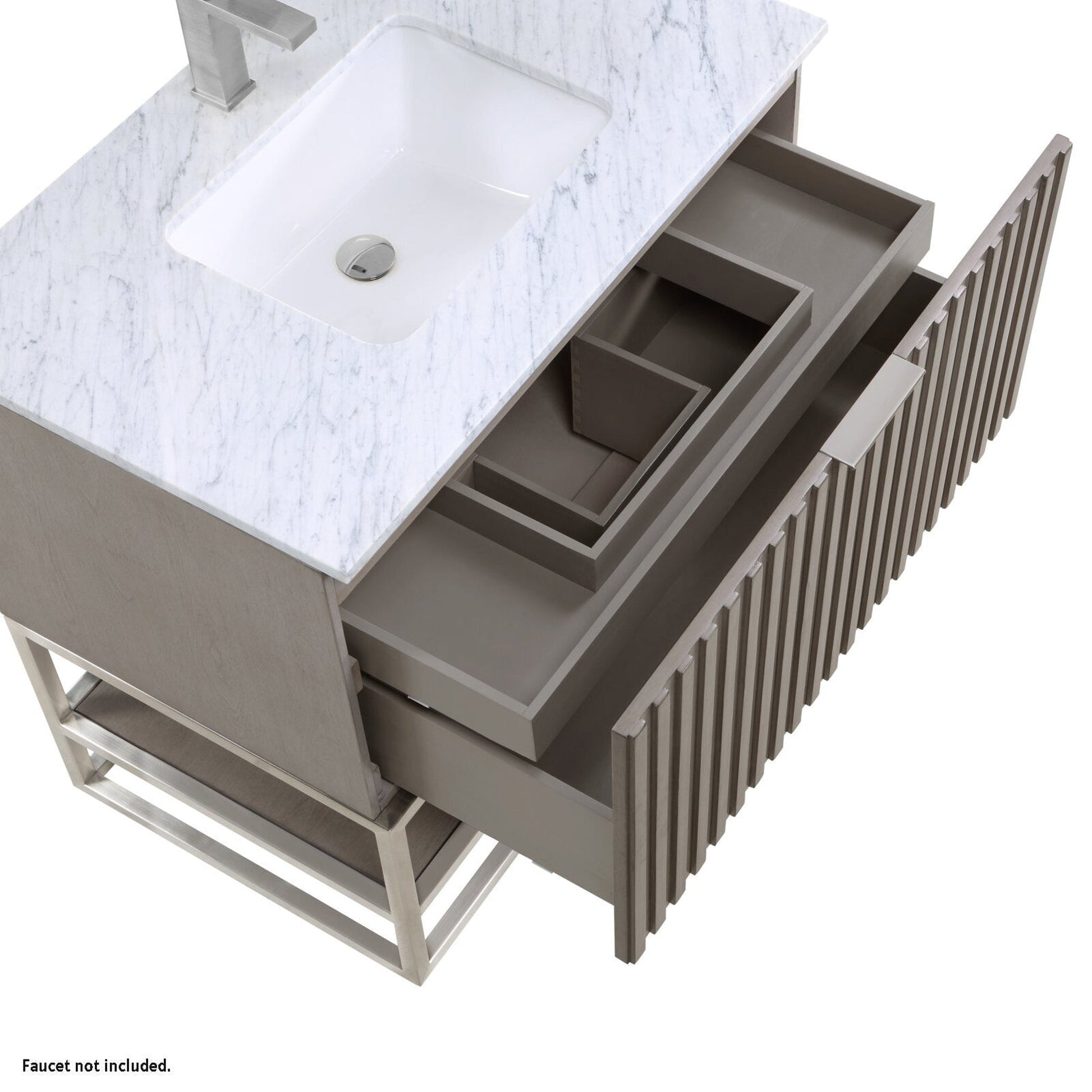 Bemma Design Terra 36" Graywash Solid Wood Freestanding Bathroom Vanity With Single 1-Hole Italian Carra Marble Vanity Top, Rectangle Undermount Sink and Brushed Nickel Trim