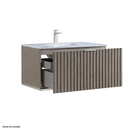 Bemma Design Terra 36" Graywash Solid Wood Wall-Mounted Bathroom Vanity With Single 1-Hole Italian Carra Marble Vanity Top, Rectangle Undermount Sink and Brushed Nickel Trim