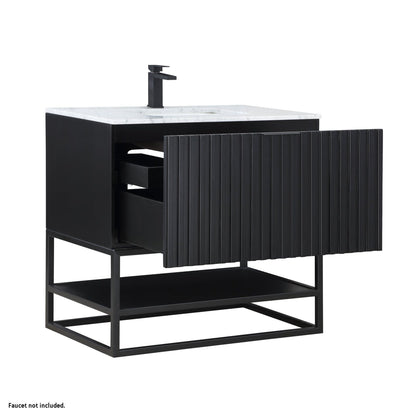 Bemma Design Terra 36" Midnight Black Solid Wood Freestanding Bathroom Vanity With Single 1-Hole Italian Carra Marble Vanity Top, Rectangle Undermount Sink and Matte Black Trim