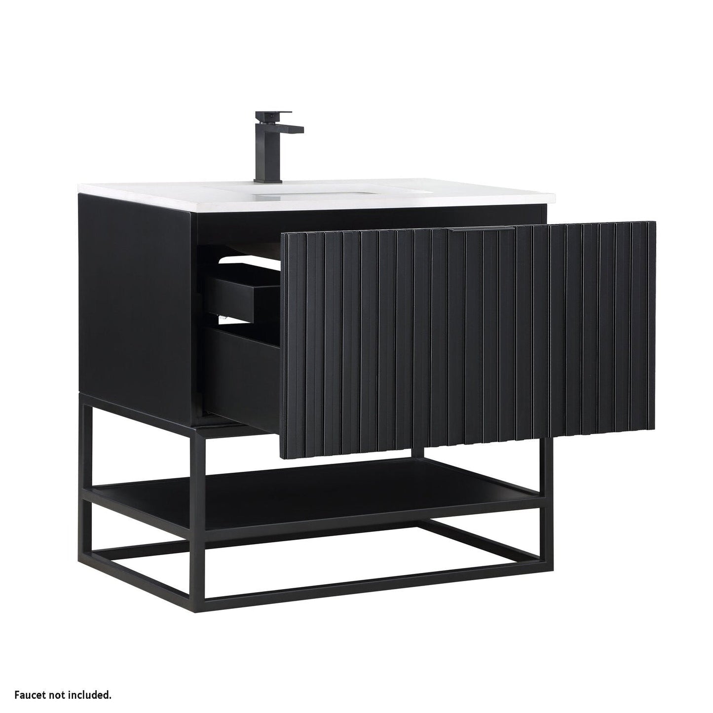 Bemma Design Terra 36" Midnight Black Solid Wood Freestanding Bathroom Vanity With Single 1-Hole White Quartz Vanity Top, Rectangle Undermount Sink and Matte Black Trim