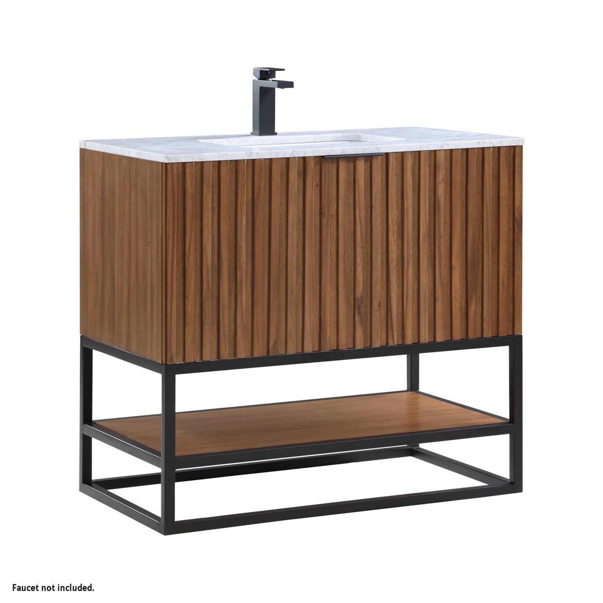 Bemma Design Terra 36" Walnut Solid Wood Freestanding Bathroom Vanity With Single 1-Hole Italian Carra Marble Vanity Top, Rectangle Undermount Sink and Matte Black Trim