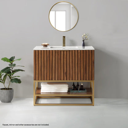 Bemma Design Terra 36" Walnut Solid Wood Freestanding Bathroom Vanity With Single 1-Hole Italian Carra Marble Vanity Top, Rectangle Undermount Sink and Satin Brass Trim