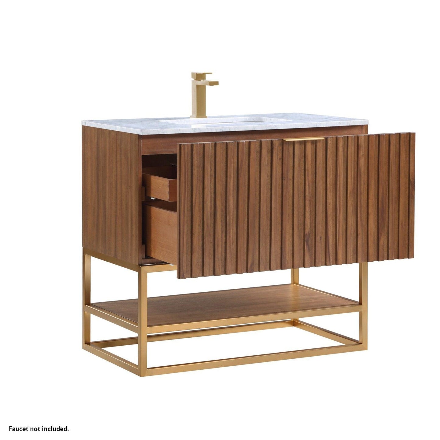 Bemma Design Terra 36" Walnut Solid Wood Freestanding Bathroom Vanity With Single 1-Hole Italian Carra Marble Vanity Top, Rectangle Undermount Sink and Satin Brass Trim