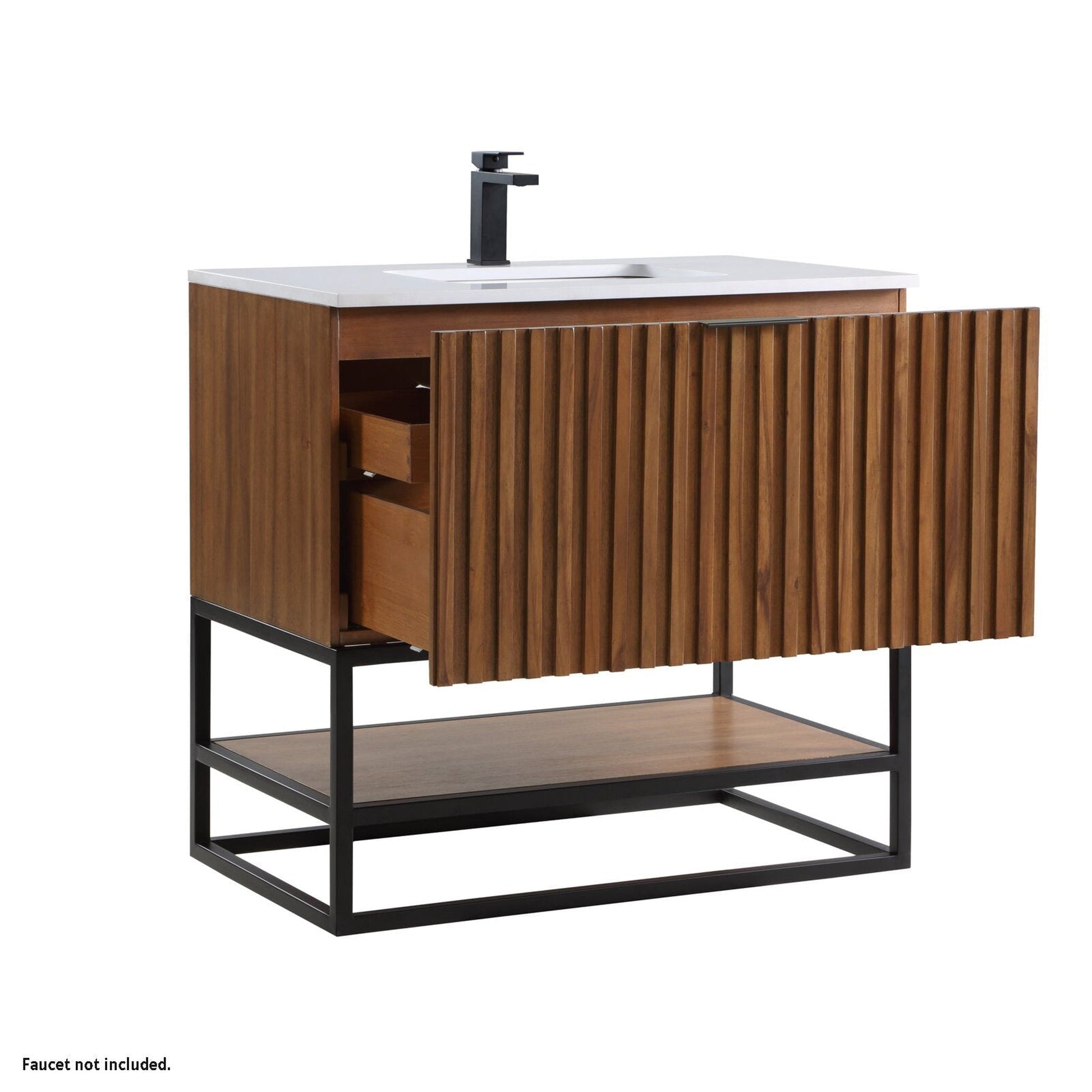 Bemma Design Terra 36" Walnut Solid Wood Freestanding Bathroom Vanity With Single 1-Hole White Quartz Vanity Top, Rectangle Undermount Sink and Matte Black Trim