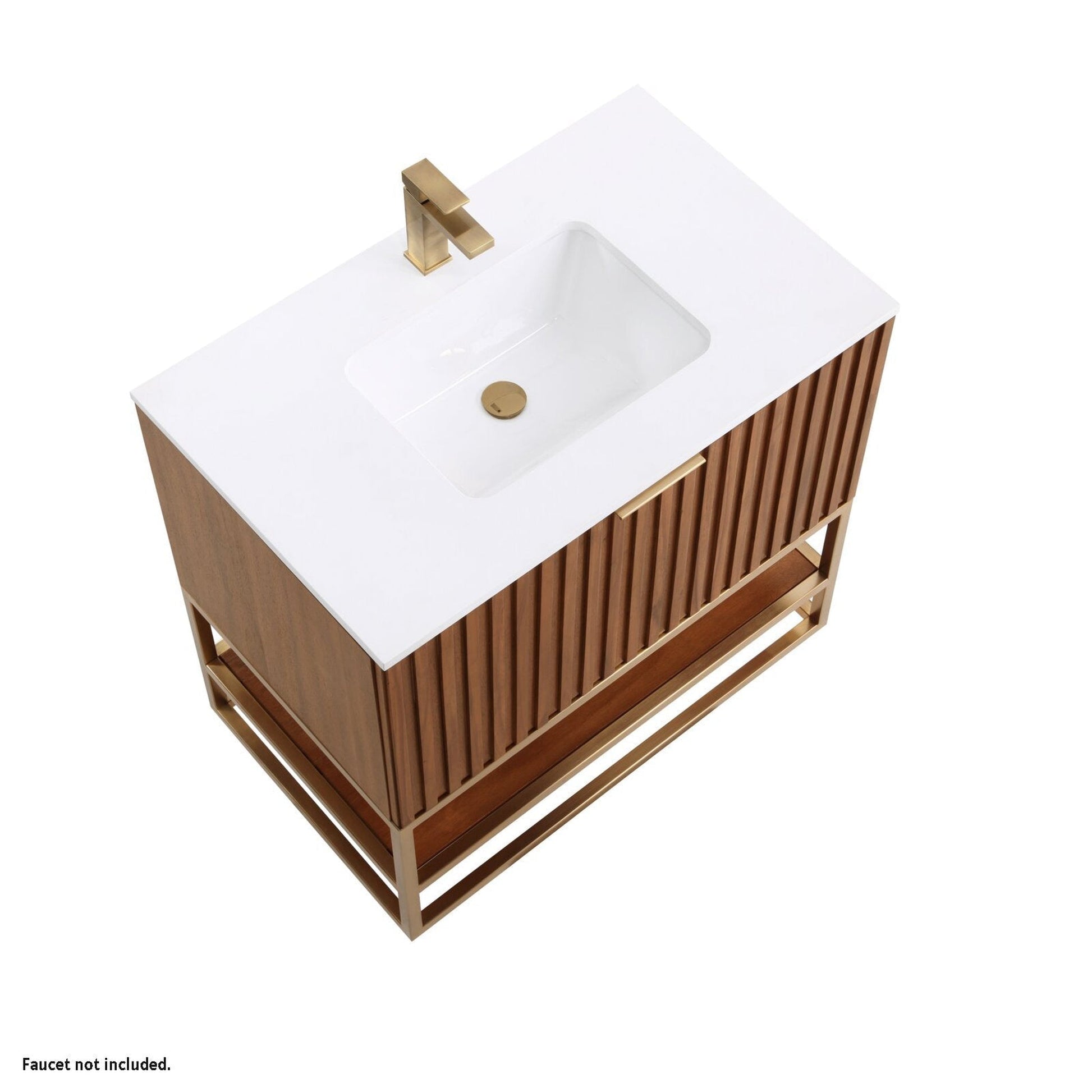 Bemma Design Terra 36" Walnut Solid Wood Freestanding Bathroom Vanity With Single 1-Hole White Quartz Vanity Top, Rectangle Undermount Sink and Satin Brass Trim