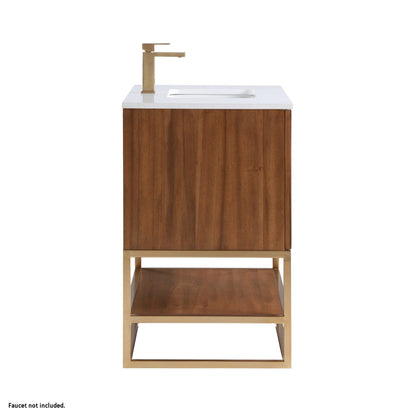 Bemma Design Terra 36" Walnut Solid Wood Freestanding Bathroom Vanity With Single 1-Hole White Quartz Vanity Top, Rectangle Undermount Sink and Satin Brass Trim