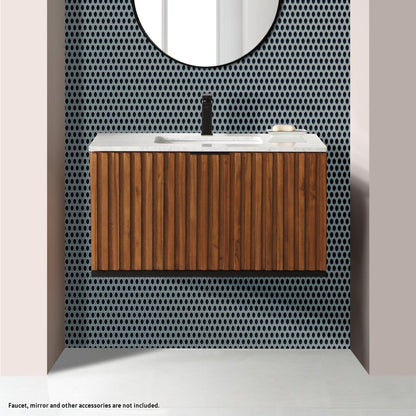 Bemma Design Terra 36" Walnut Solid Wood Wall-Mounted Bathroom Vanity With Single 1-Hole Italian Carra Marble Vanity Top, Rectangle Undermount Sink and Matte Black Trim