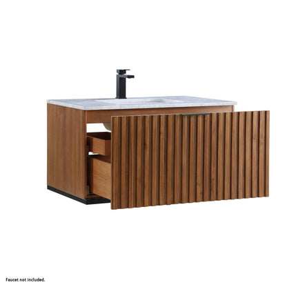 Bemma Design Terra 36" Walnut Solid Wood Wall-Mounted Bathroom Vanity With Single 1-Hole Italian Carra Marble Vanity Top, Rectangle Undermount Sink and Matte Black Trim