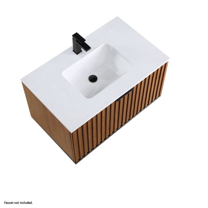 Bemma Design Terra 36" Walnut Solid Wood Wall-Mounted Bathroom Vanity With Single 1-Hole White Quartz Vanity Top, Rectangle Undermount Sink and Matte Black Trim