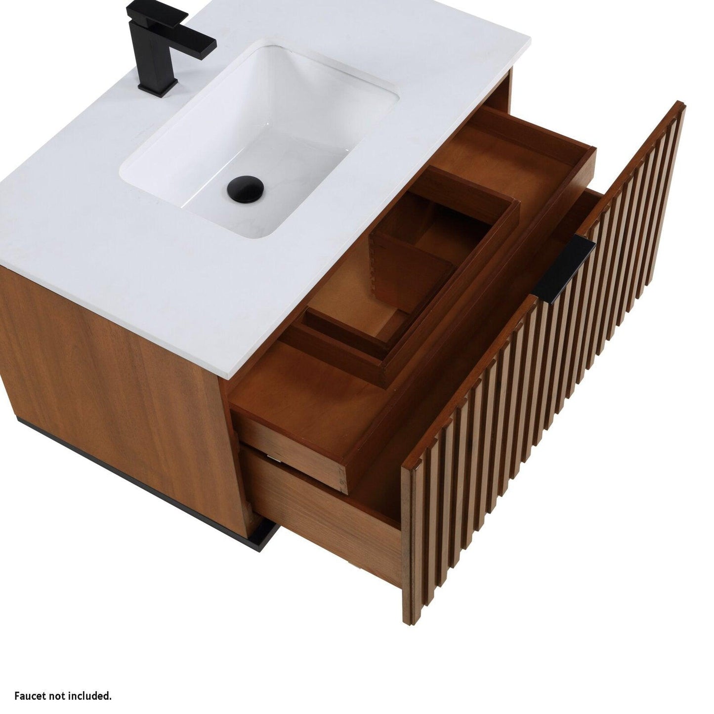 Bemma Design Terra 36" Walnut Solid Wood Wall-Mounted Bathroom Vanity With Single 1-Hole White Quartz Vanity Top, Rectangle Undermount Sink and Matte Black Trim