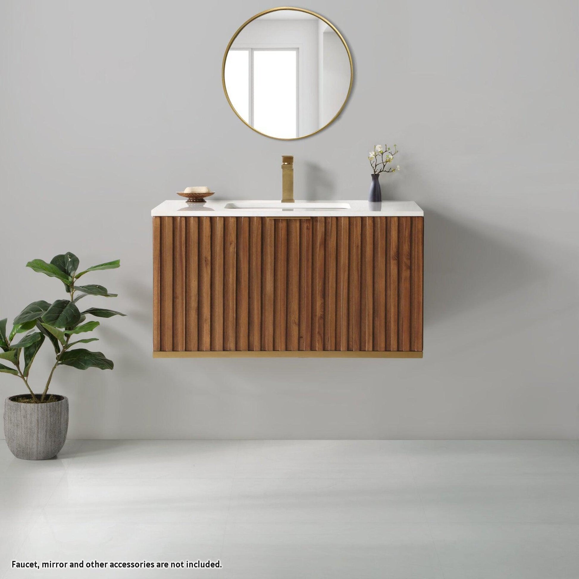 Bemma Design Terra 36" Walnut Solid Wood Wall-Mounted Bathroom Vanity With Single 1-Hole White Quartz Vanity Top, Rectangle Undermount Sink and Satin Brass Trim