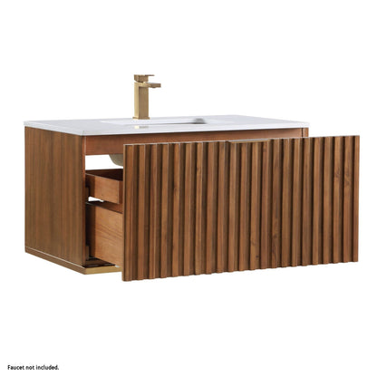 Bemma Design Terra 36" Walnut Solid Wood Wall-Mounted Bathroom Vanity With Single 1-Hole White Quartz Vanity Top, Rectangle Undermount Sink and Satin Brass Trim