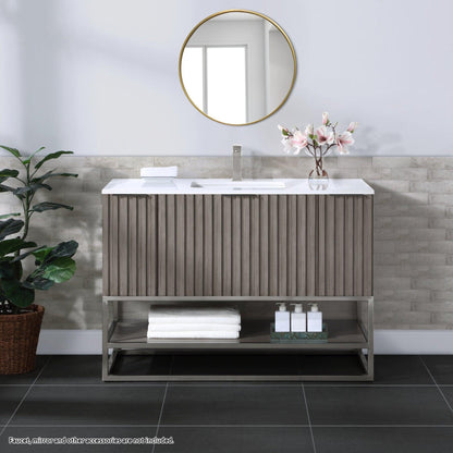 Bemma Design Terra 48" Graywash Solid Wood Freestanding Bathroom Vanity With Single 1-Hole White Quartz Vanity Top, Rectangle Undermount Sink and Brushed Nickel Trim