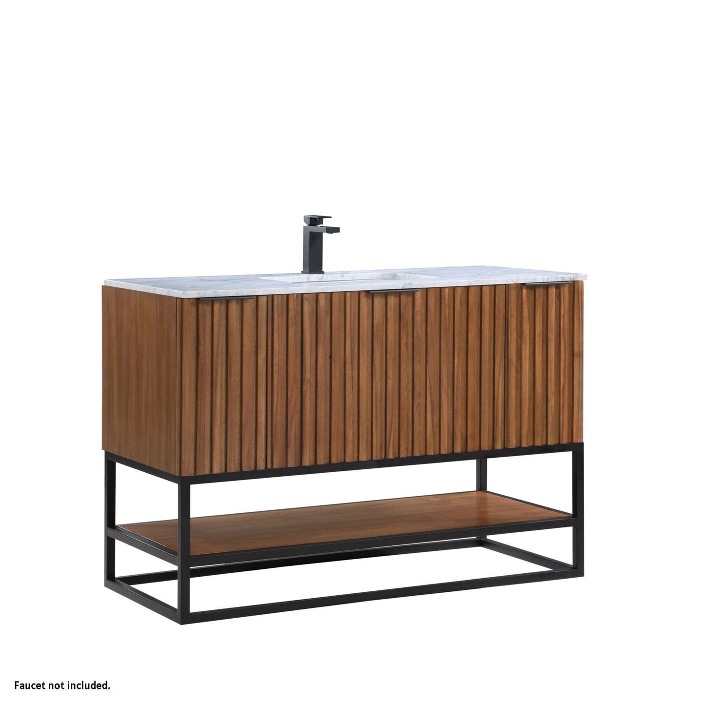 Bemma Design Terra 48" Walnut Solid Wood Freestanding Bathroom Vanity With Single 1-Hole Italian Carra Marble Vanity Top, Rectangle Undermount Sink and Matte Black Trim