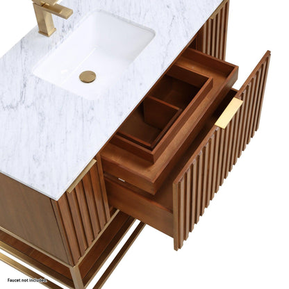 Bemma Design Terra 48" Walnut Solid Wood Freestanding Bathroom Vanity With Single 1-Hole Italian Carra Marble Vanity Top, Rectangle Undermount Sink and Satin Brass Trim